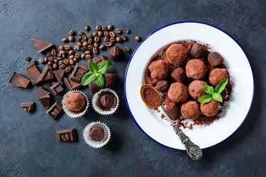 Homemade dark chocolate truffles rolled in cocoa powder