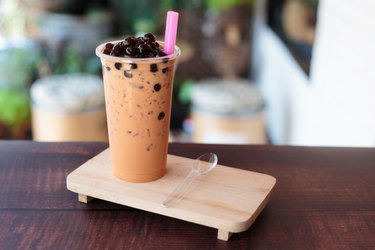 A 16-oz. cup of boba milk tea, a drink that's high in calories and sugar