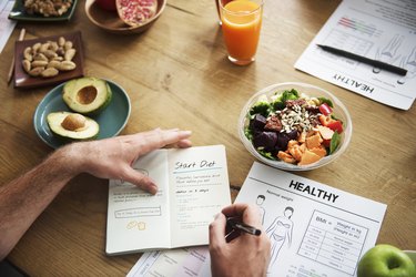 A table full of healthy food and information about weight loss