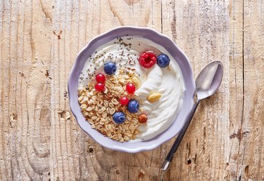 Breakfast in bowl on table.