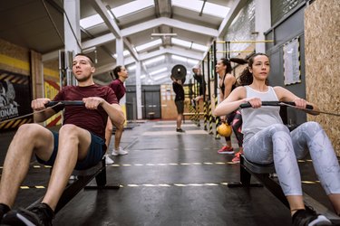 Athlete Doing Workout Drill on Rowing Machine