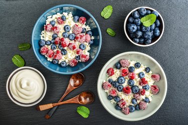 Cottage cheese with fresh blueberries and raspberries.