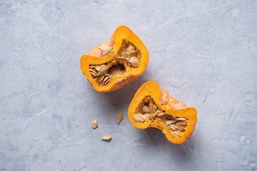 a mini ugly rotten pumpkin cut into two halves on a blue gray background