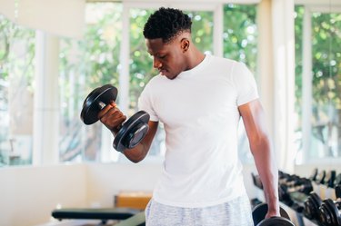 a person wearing a white t-shirt doing biceps curls in a gym in front of windows showing green trees outside