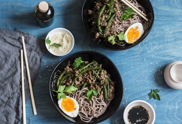 Pork, green bean stir fry and soba noodles.