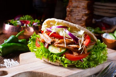 Crunchy pita with grilled gyro meat, various vegetables and garlic sauce for chicken breast recipes