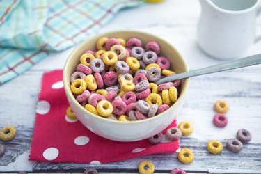 Top view of a bowl of colorful loops cereals for breakfast