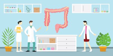 Illustration of a human colon in a laboratory with doctors after colonoscopy