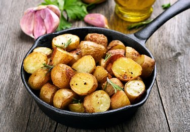 Roasted russet or yukon gold potatoes in frying pan