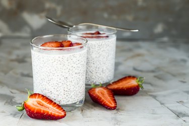 High protein low carb Breakfast with chia seeds, milk and strawberries