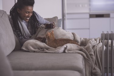 a person cuddling with their orange cat on a gray couch to relieve stress