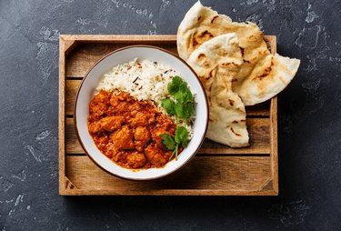 Chicken tikka masala spicy curry meat food with rice
