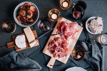 Food and table setting overhead table top view