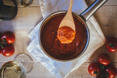 Directly Above Shot Of Tomatoes Gravy In Pan