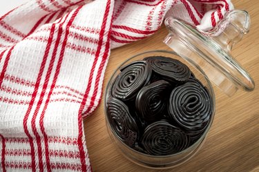 top view of a glass jar filled with licorice wheels