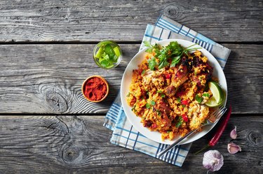 Arroz con pollo, spanish cuisine, white long grain rice with chicken and vegetables