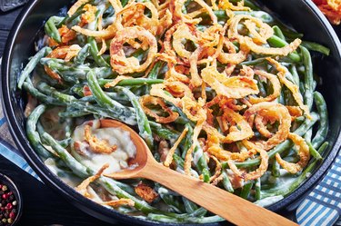 Homemade Green Bean Casserole topped with French crispy fried onions