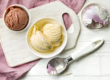 three bowls of various ice creams