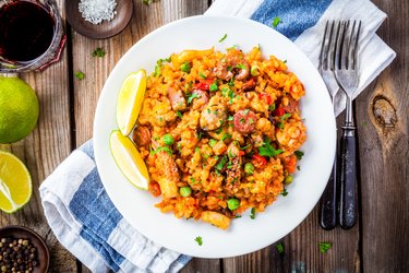 Paella with seafood and chorizo sausages