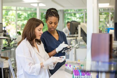 Female Pathologist and Technician Organizing Test Samples