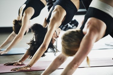 People in downward dog pose during hot yoga class in exercise studio