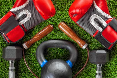 Boxing gloves, skipping rope, dumbbells