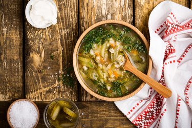 Soup with sour pickles and barley. Ukrainian cuisine