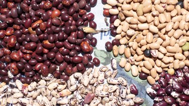 Small piles of colorful dried beans