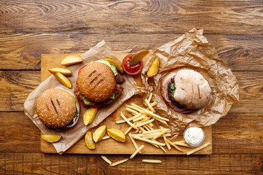 Fast food take away top view. Hamburger, hotdog and fries