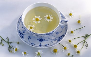 Herbal tea with camomile sprigs, close-up