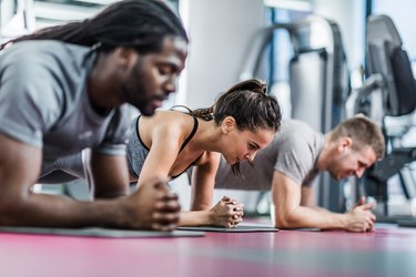 Group of athletes in a plank position at health club.