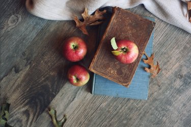 Autumn still life with apples, warm blanket, books and leaves over rustic wood background, shot directly above