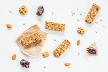 Granola bars or protein bars on white background