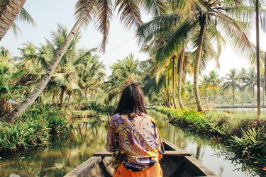 a photo taken from beyond of a young Woman Kayaking on a body of water through palm trees