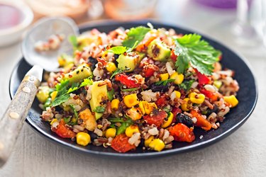 Black beans, avocado, corn, tomato, rice & quinoa salad with chilli dressing