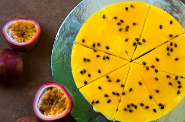 Directly Above Shot Of Passion Fruit Cheesecake On Table