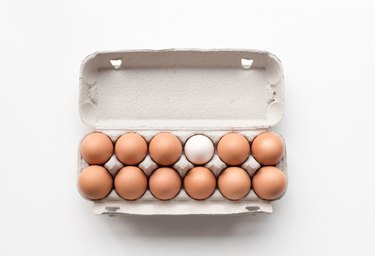 Brown eggs with one white egg from above