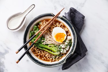 Healthy Ramen Noodles With Miso, Egg, Enoki and Pak Choi