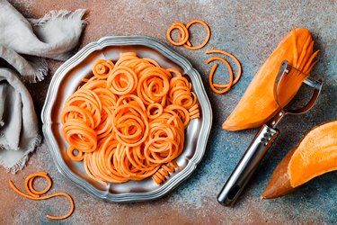 Spiralized sweet potato spaghetti. Low carb vegetable pasta cooking