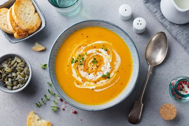 Top view of a bowl of pumpkin soup for weight loss