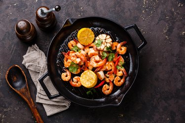 Prawns roasted on frying pan