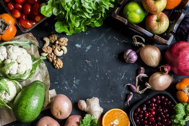 Healthy food background. Assortment of fresh vegetables and fruits