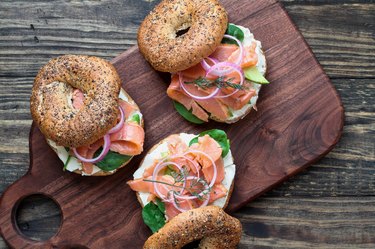 Lox - Everything bagel with smoked salmon, spinach, red onions, avocado and cream cheese