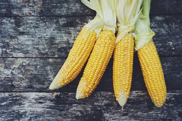 Directly Above Shot Sweetcorns In Plate On Table