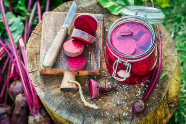Homemade pickled beetroots with fresh ingredients