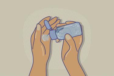 illustration of hands squeezing blue bottle of hand sanitizer on tan background
