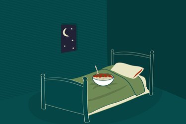 graphic showing a bowl of spaghetti and meatballs on bed at night