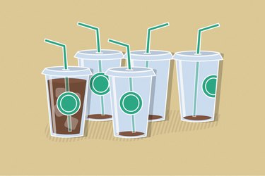 Illustration of 4 empty coffee cups and 1 full with straws to demonstrate drinking too much caffeine