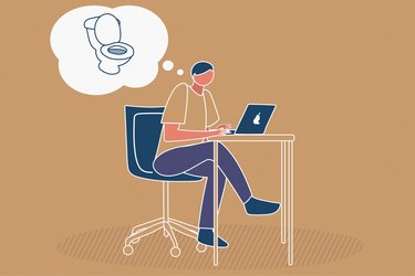 Illustration of a person thinking about the toilet while working, to represent holding in your poop