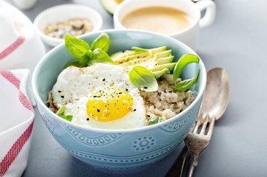 Savory Oatmeal in blue bowl on table